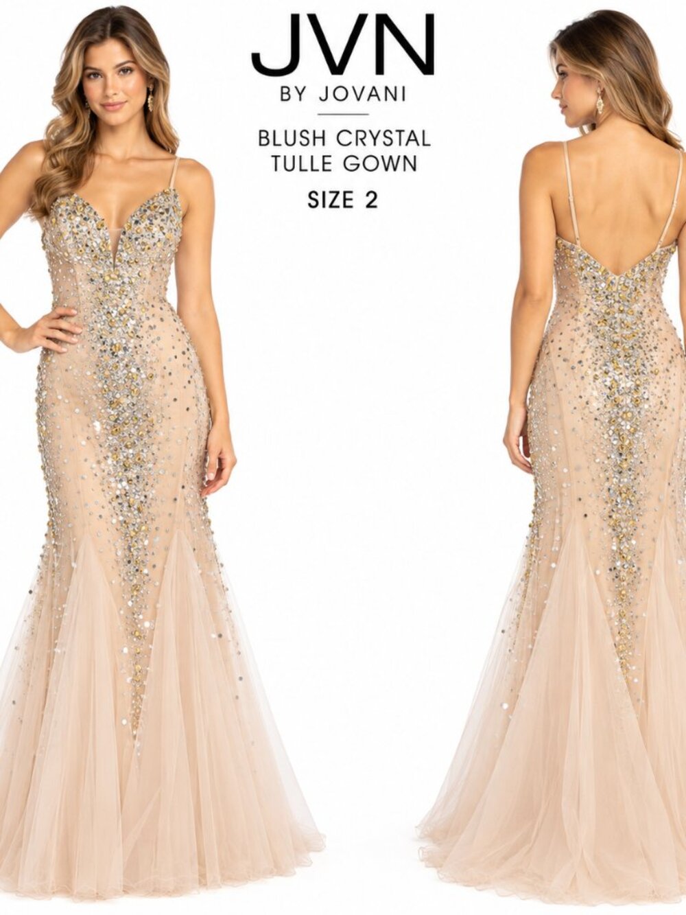 JVN BY JOVANI BLUSH CRYSTAL TULLE GOWN SIZE 2